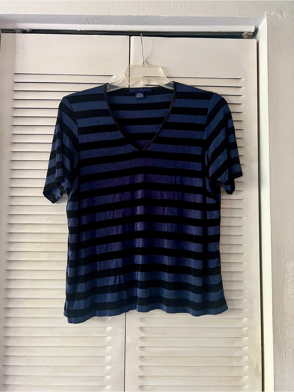 Venezia Navy and Black Striped V-Neck Top